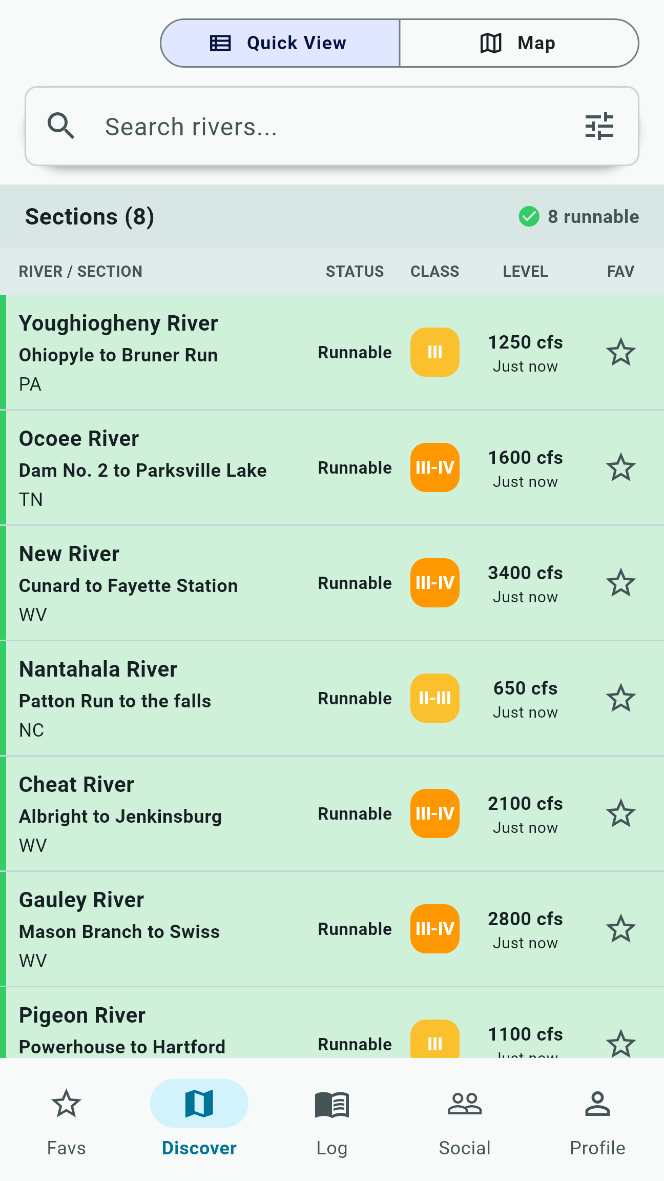 Compare river sections, difficulty, and demonstration gauge readings.