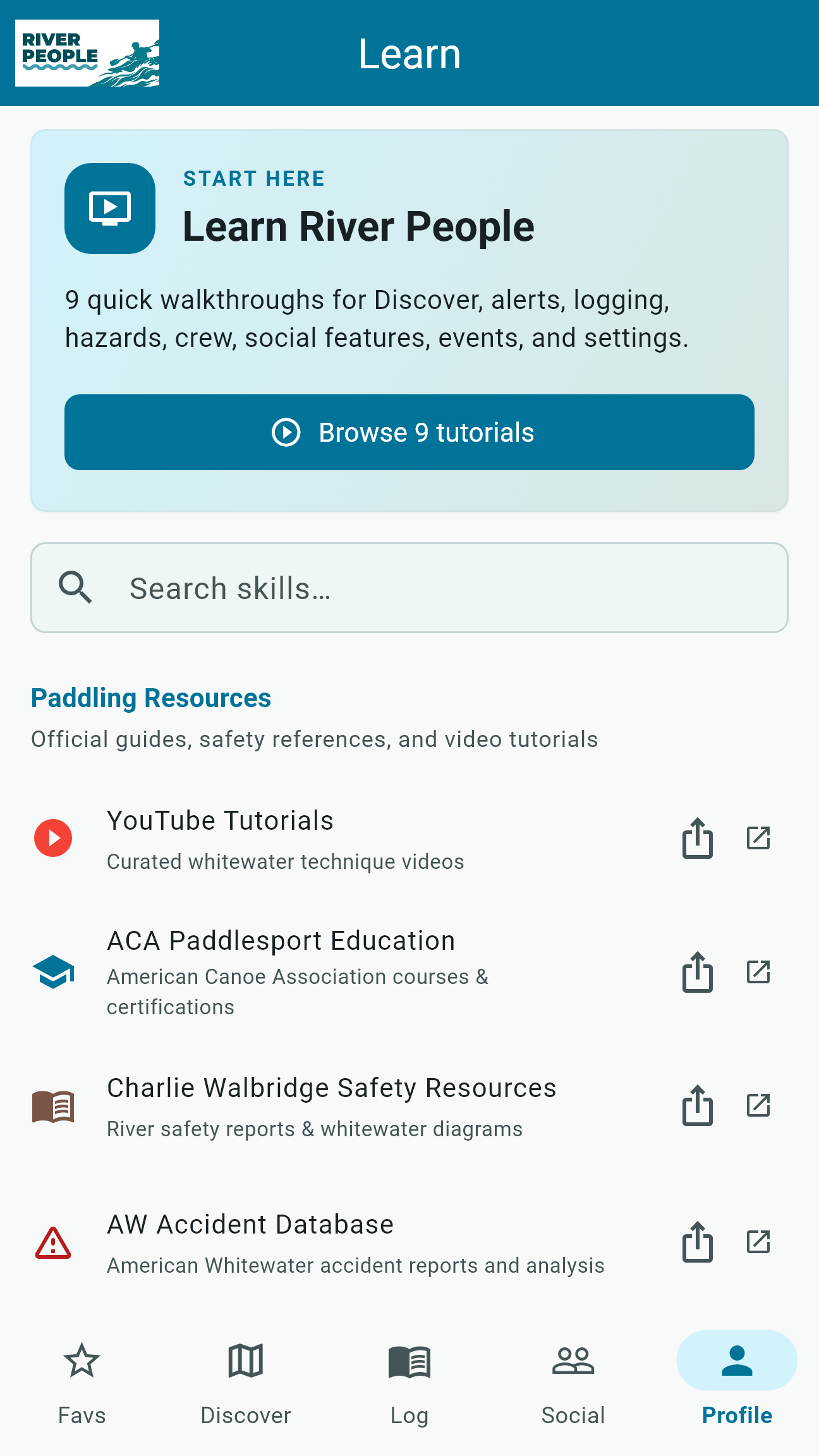 Find paddling learning resources inside the app.
